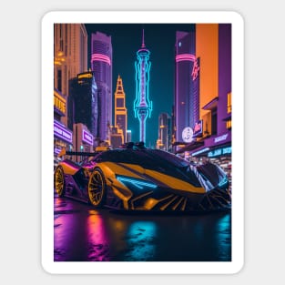 Dark Neon Sports Car in Japanese Neon City Sticker